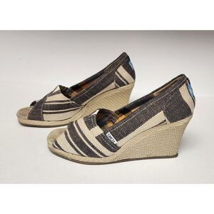 TOMS Women Peep Toe Wedge Espadrilles Blue White Stripe Canvas Shoes Size 7.5W